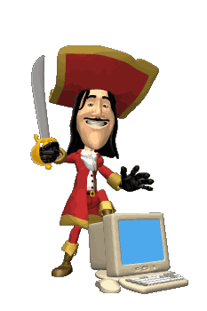 a pirate next to a computer